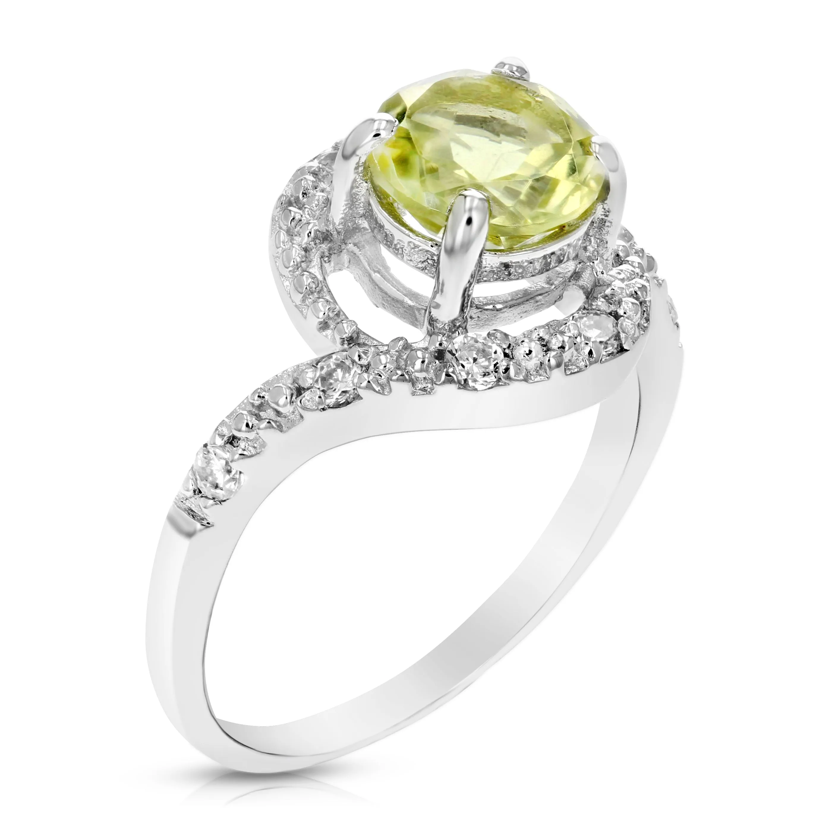 0.70 cttw Lemon Quartz Ring .925 Sterling Silver with Rhodium Round Shape 7 MM