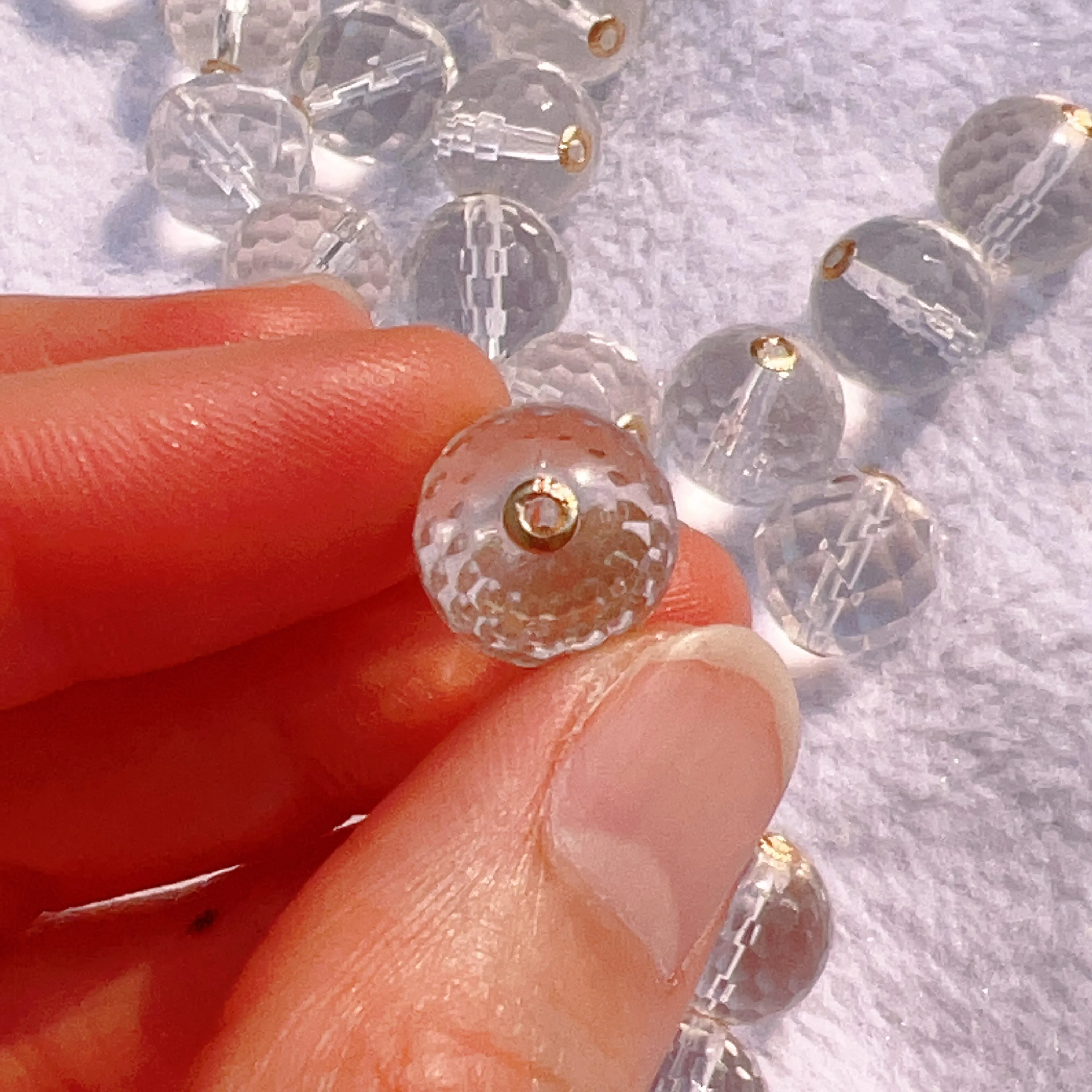 12mm Natural Faceted Clear Quartz Bead Charms with 18k Yellow Gold Spacers for DIY Jewelry Project