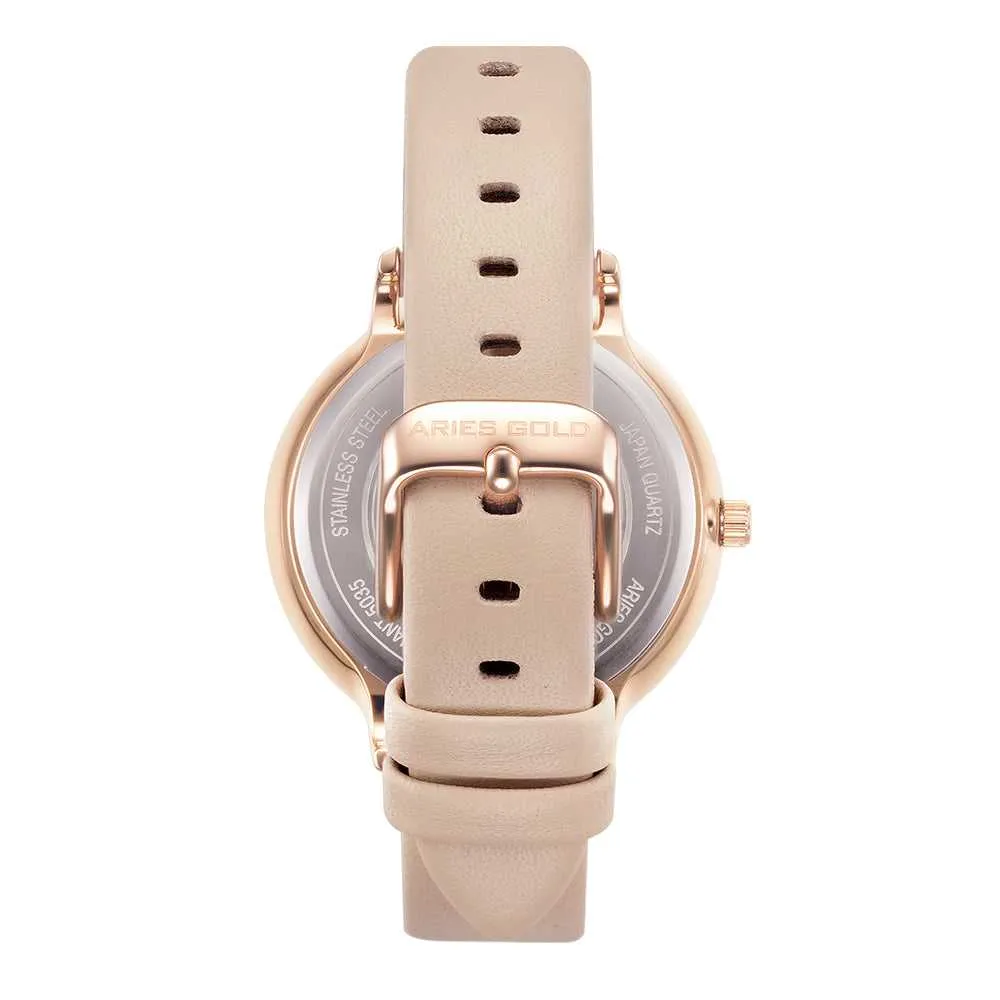 ARIES GOLD ENCHANT FLEUR ROSE GOLD STAINLESS STEEL L 5035 RG-RG LEATHER STRAP WOMEN'S WATCH