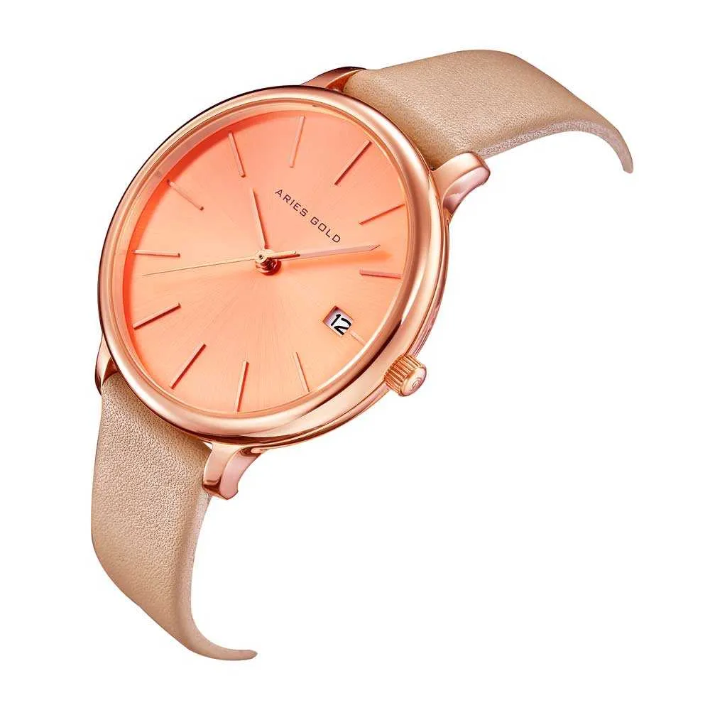 ARIES GOLD ENCHANT FLEUR ROSE GOLD STAINLESS STEEL L 5035 RG-RG LEATHER STRAP WOMEN'S WATCH