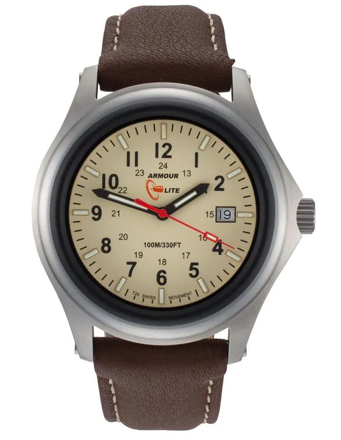 ArmourLite Field Series Mens Watch - Stainless - Leather Strap - Date - 100m