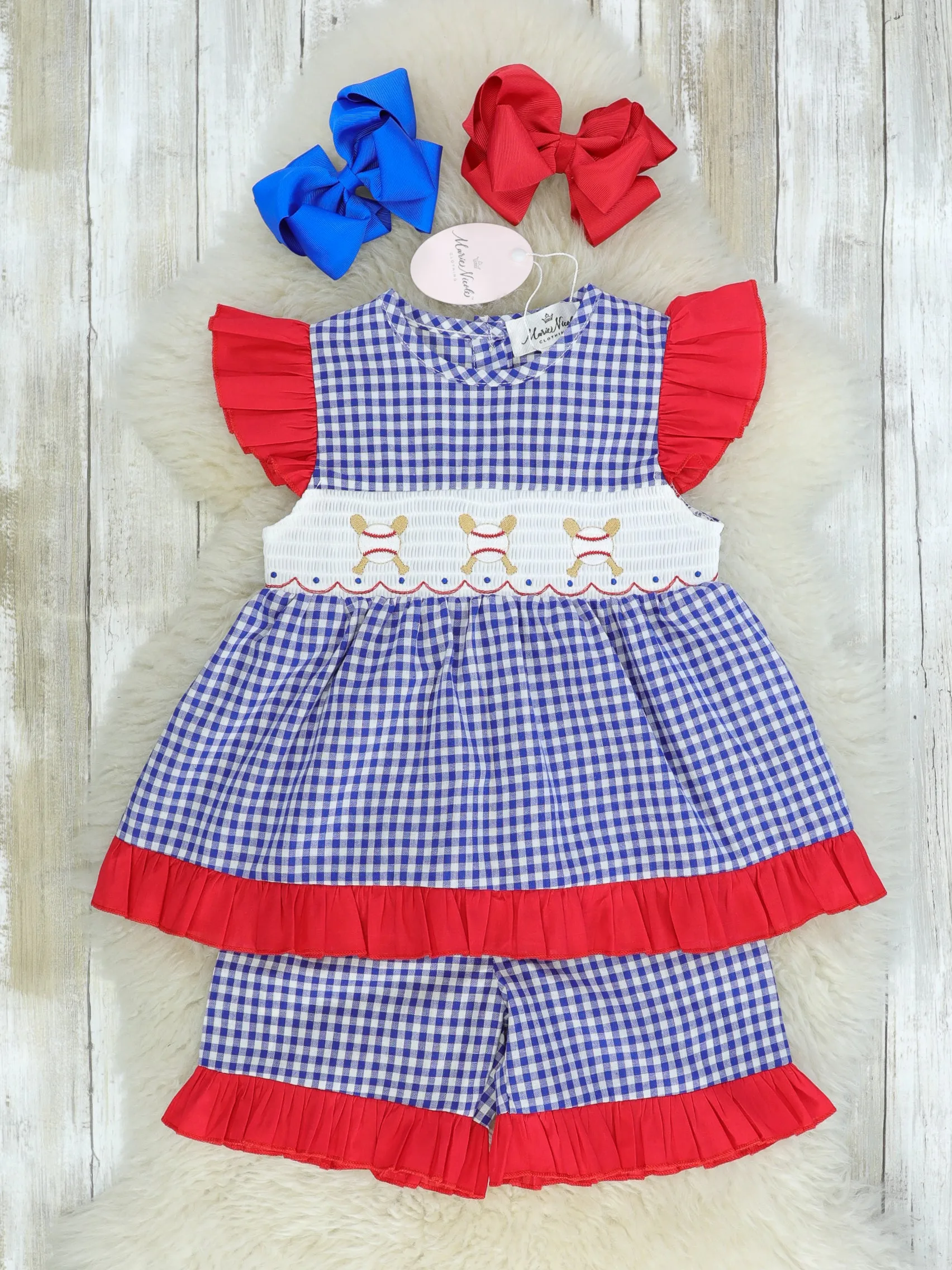 Baseball Blue Check Ruffle Smocked Outfit