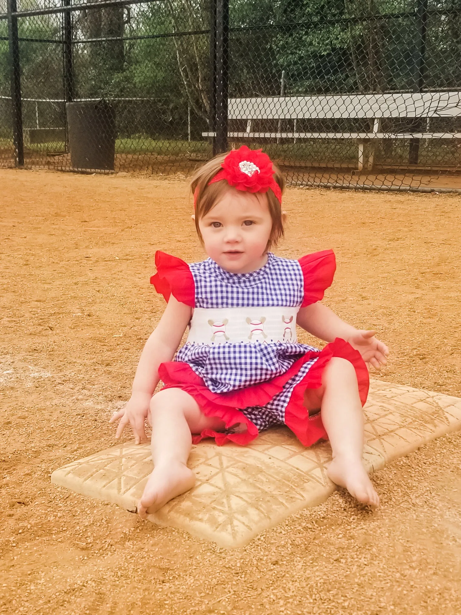 Baseball Blue Check Ruffle Smocked Outfit