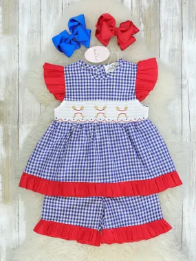 Baseball Blue Check Ruffle Smocked Outfit