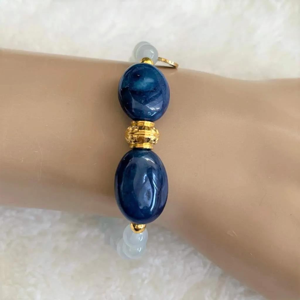 Blue Quartz and Blue Agate Beaded Bracelet with Gold Beads