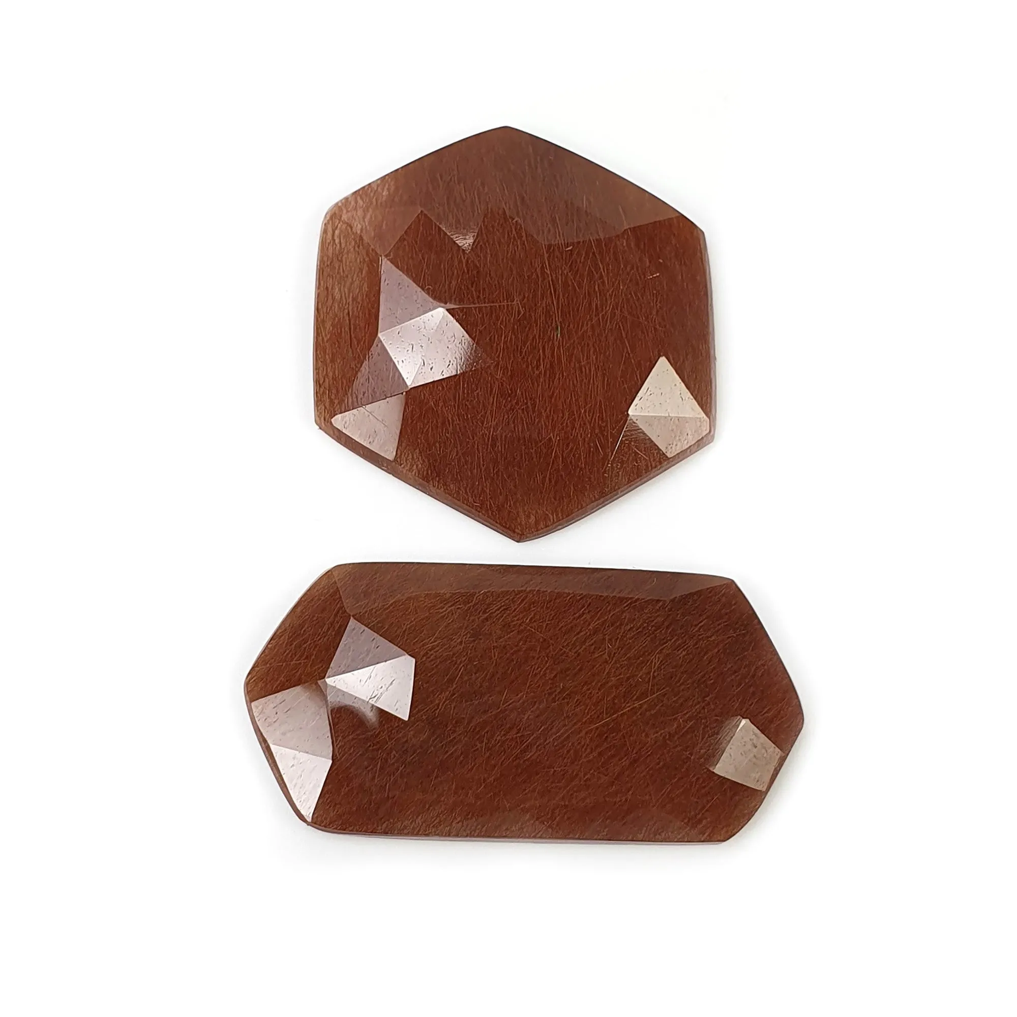 BROWN RUTILE Quartz Gemstone Rose Cut : 37.80cts Natural Untreated Unheated Rutile Hexagon Shape 32*15mm - 24mm 2pcs (With Video)