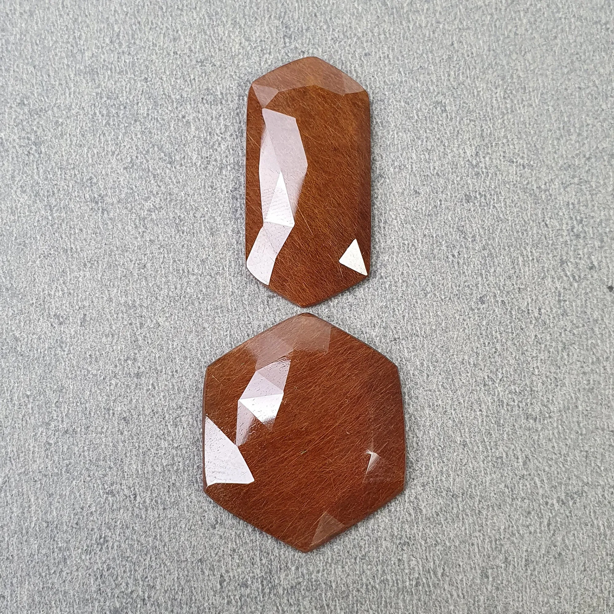 BROWN RUTILE Quartz Gemstone Rose Cut : 37.80cts Natural Untreated Unheated Rutile Hexagon Shape 32*15mm - 24mm 2pcs (With Video)