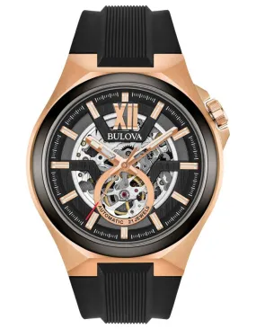 Bulova Mens Automatic Watch - Rose Gold-Tone - Open Dial - Black Strap - 100m