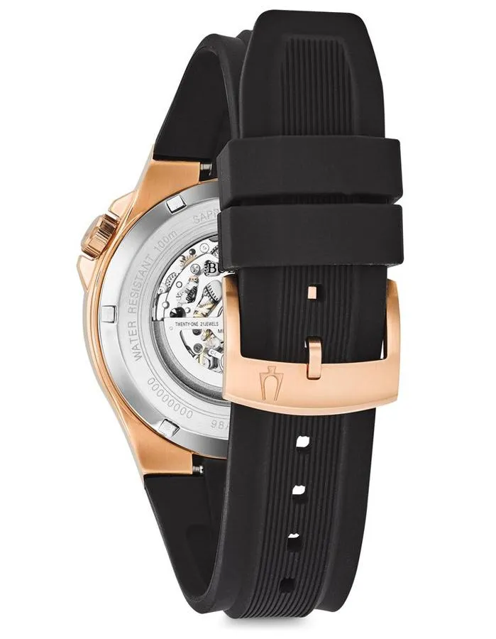 Bulova Mens Automatic Watch - Rose Gold-Tone - Open Dial - Black Strap - 100m