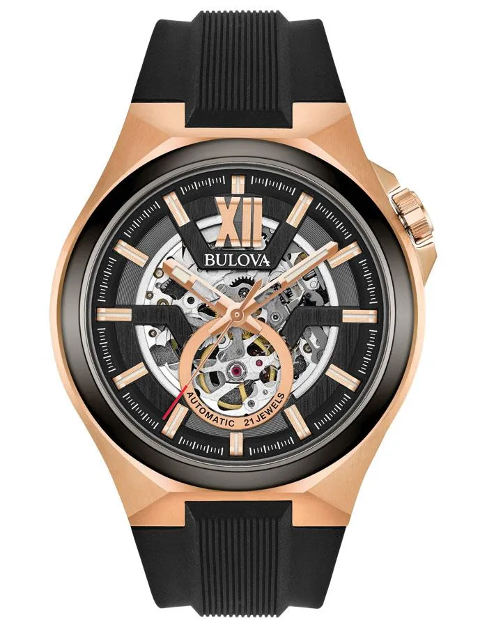 Bulova Mens Automatic Watch - Rose Gold-Tone - Open Dial - Black Strap - 100m