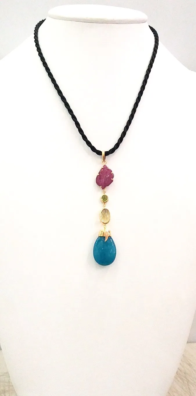 Carved Leaf Ruby, Peridot, Lemon Quartz & Blue Quartz Drop Terra Firma Pendant