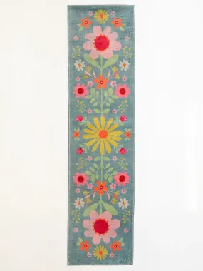 Chenille Rug, 2' x 8' - Turquoise Folk Flower