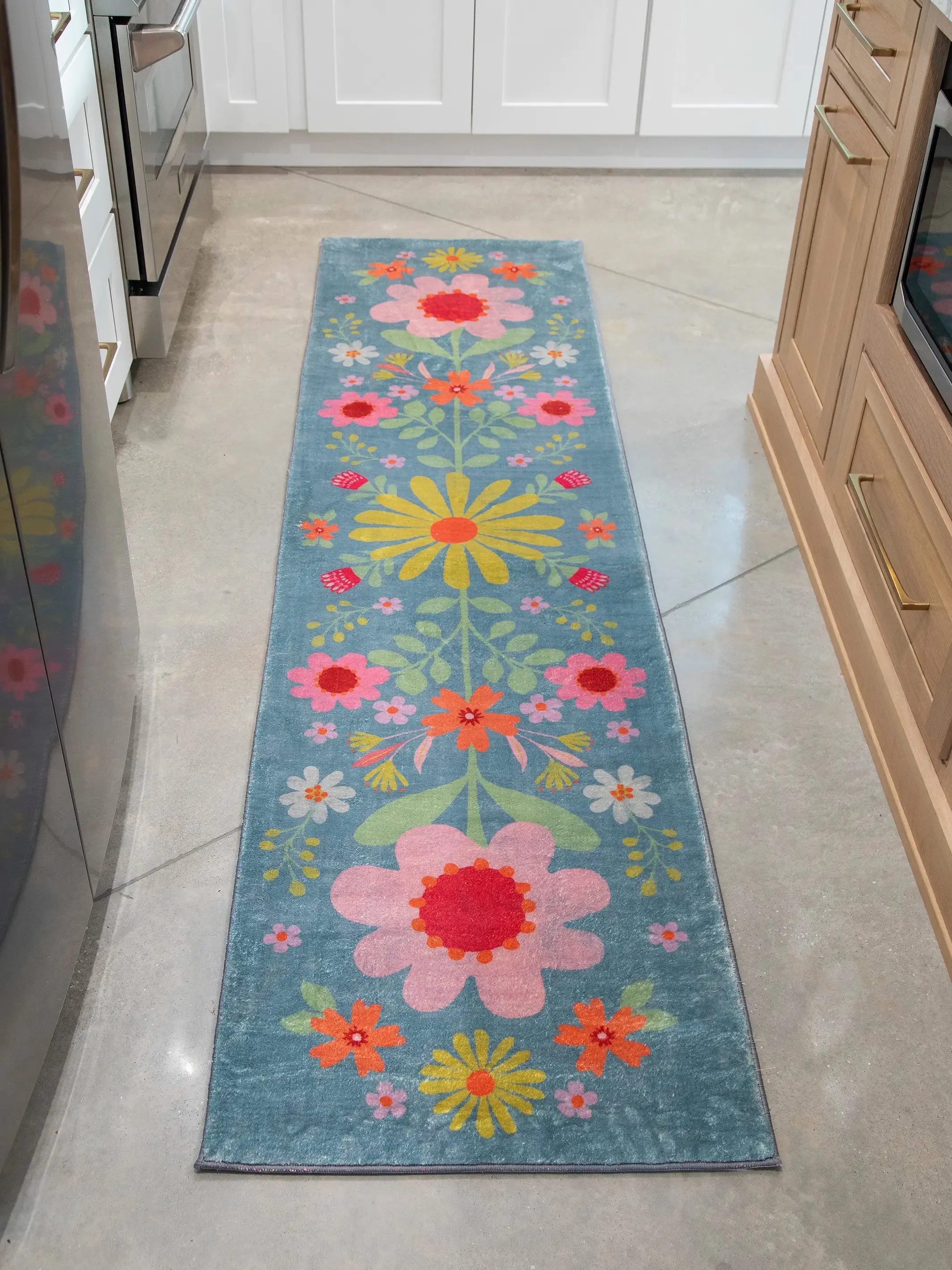 Chenille Rug, 2' x 8' - Turquoise Folk Flower