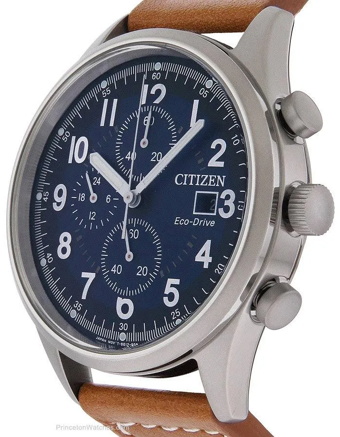 Citizen Eco-Drive Mens Chandler Chronograph - Brown Leather - Blue Dial - Date