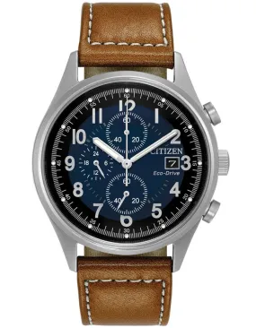 Citizen Eco-Drive Mens Chandler Chronograph - Brown Leather - Blue Dial - Date