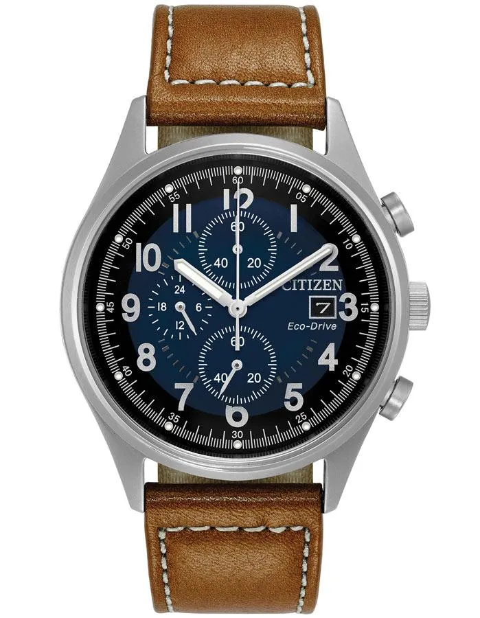 Citizen Eco-Drive Mens Chandler Chronograph - Brown Leather - Blue Dial - Date