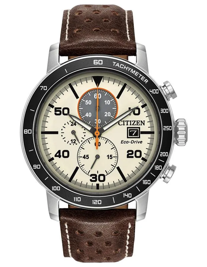 Citizen Mens Brycen Chronograph - Ivory Dial - Brown Leather Strap - Date - 100m