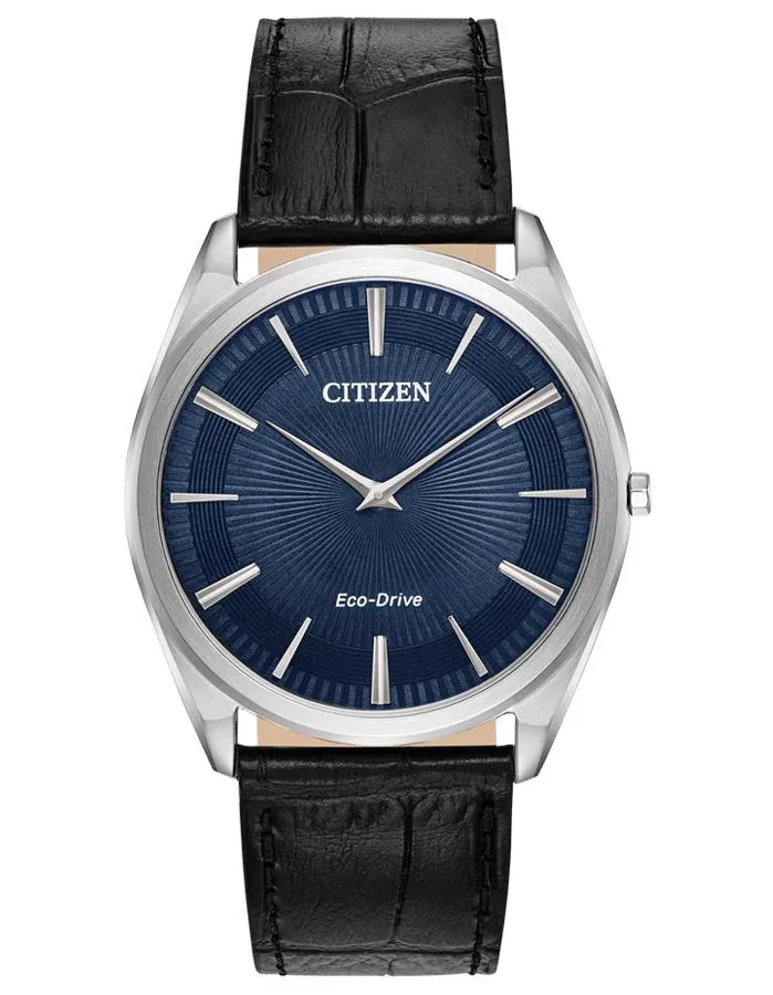 Citizen Mens Eco-Drive Stilletto Watch - Stainless Steel - Blue - Leather Strap