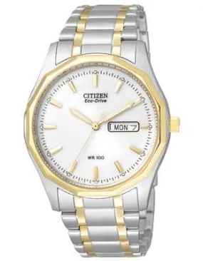 Citizen Mens Eco-Drive WR100 - Stainless & Gold Tone - White Dial - Day/Date