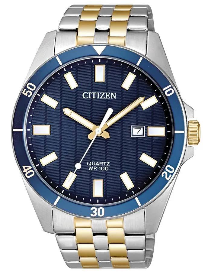 Citizen Quartz Mens Watch - Stainless & Gold-Tone - Blue Dial - Date - Bracelet