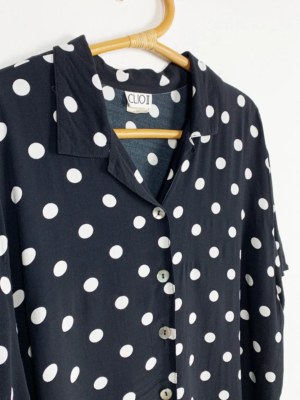 ClioII Black and White Polka Dot Rayon Button Up