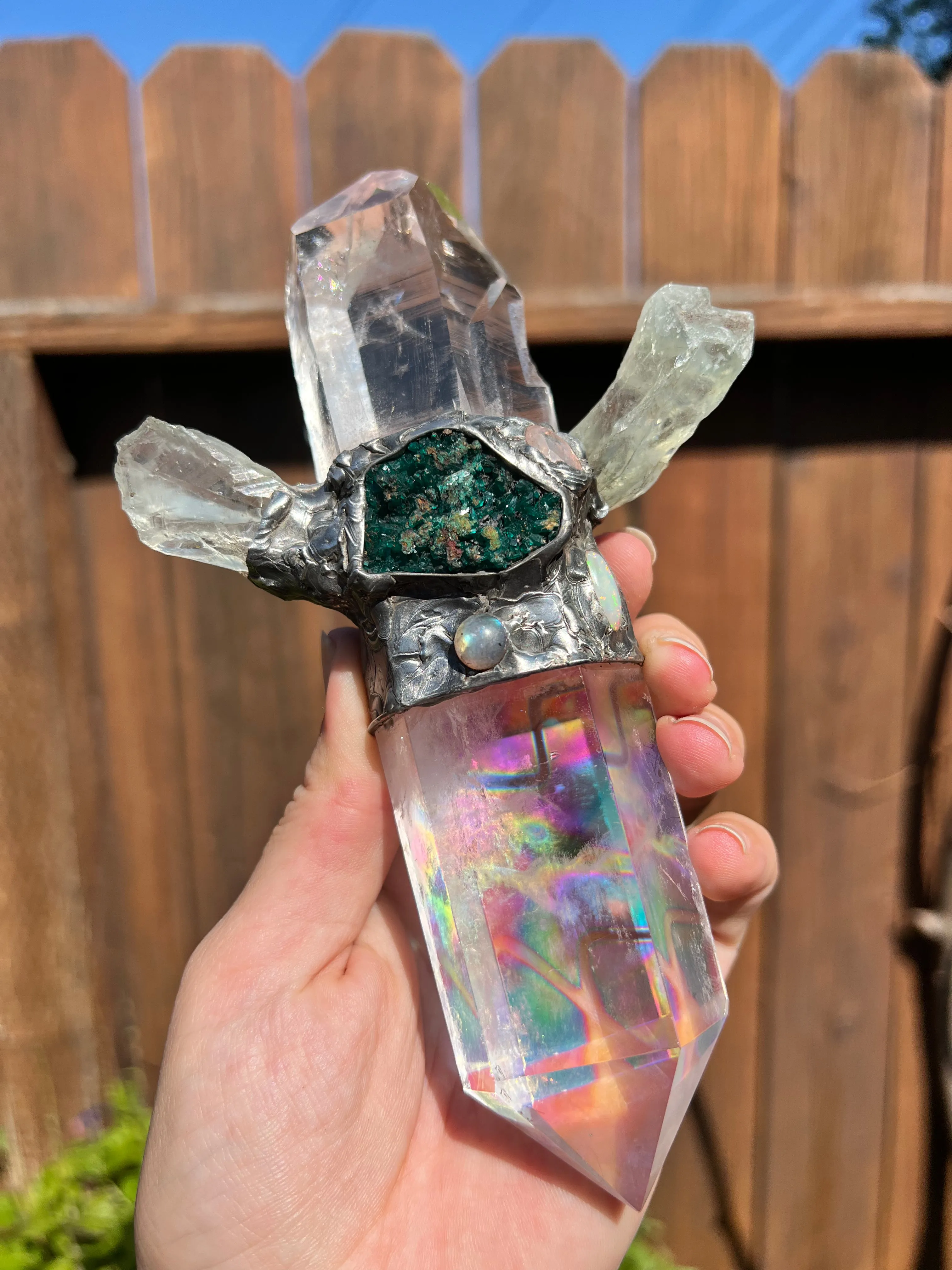 Colombian Quartz, Aura Quartz, Dioptase, Opal, Labradorite Wand Spiritual Tool