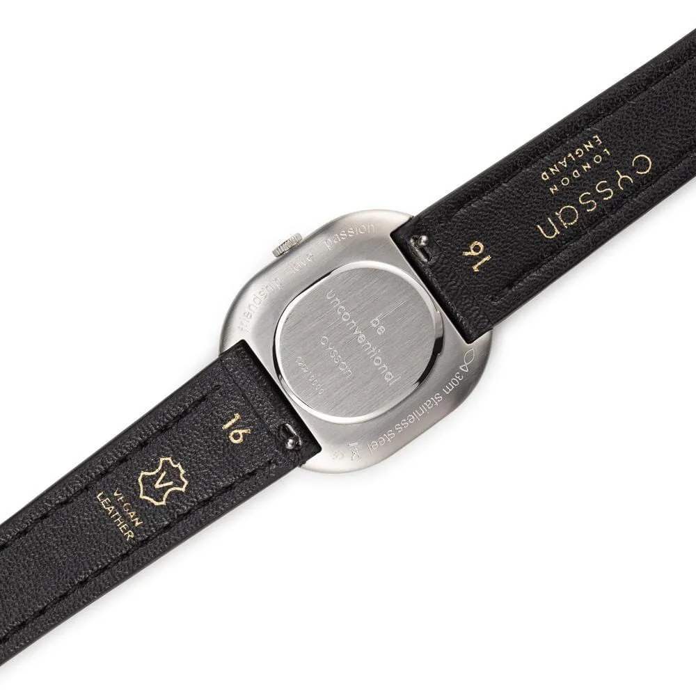 CYS1 Watch with Black & Silver Dial | Black Vegan Leather Strap