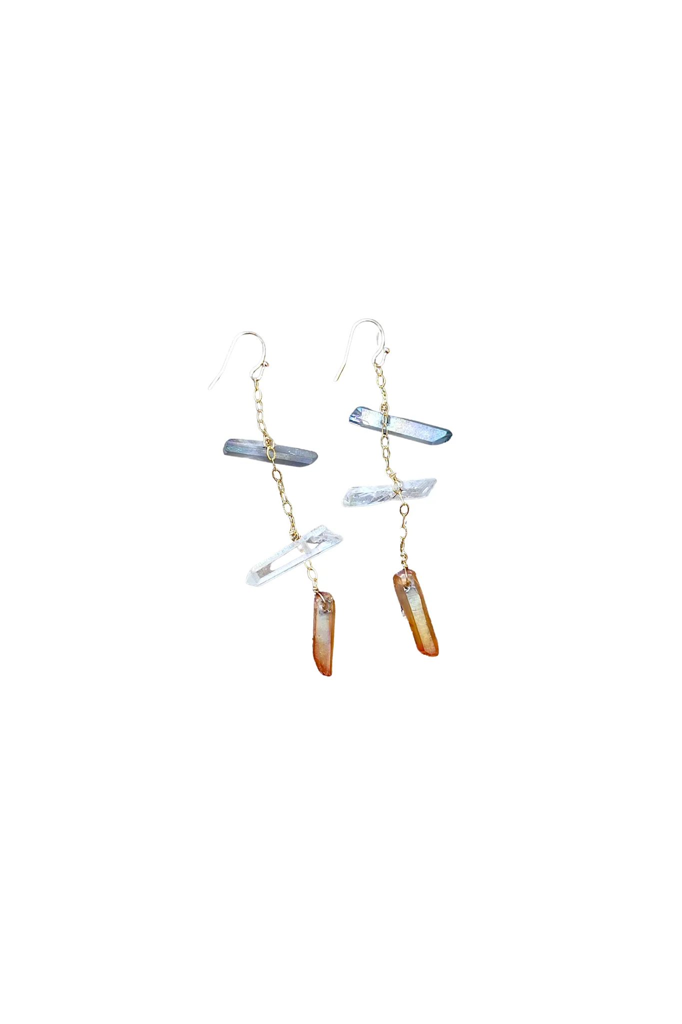 Delicate Gold Chain Earring with Three Raw Quartz Crystals in Mystic Grey, Rainbow and Peach Quartz