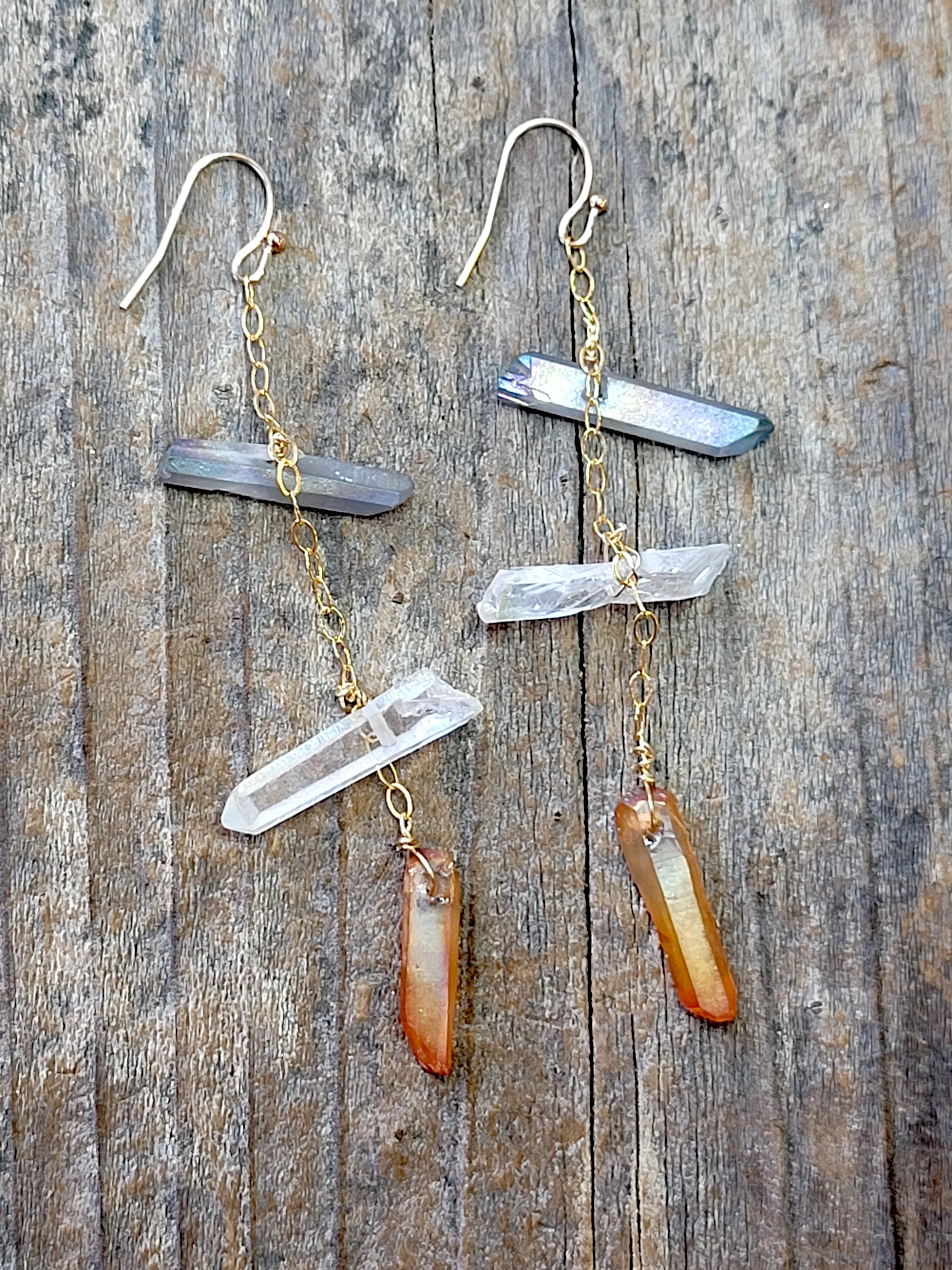 Delicate Gold Chain Earring with Three Raw Quartz Crystals in Mystic Grey, Rainbow and Peach Quartz