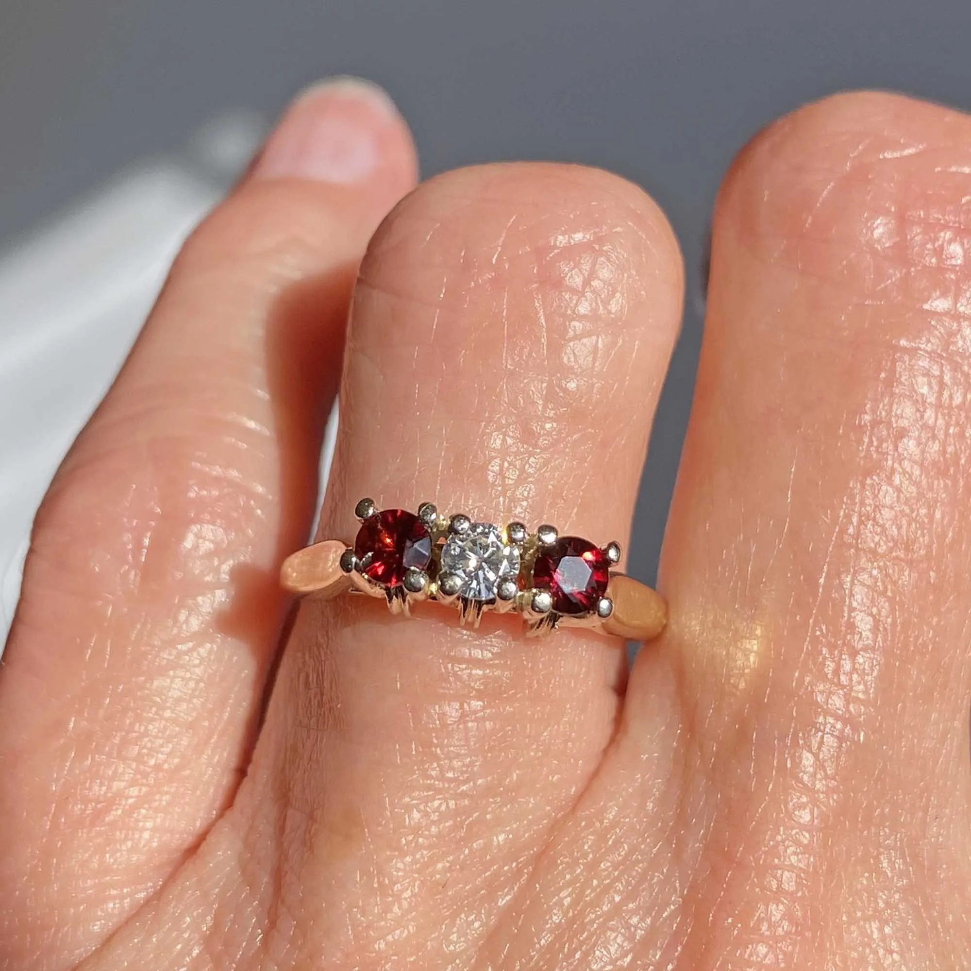 Estate Three Stone 14K Gold Diamond Garnet Ring