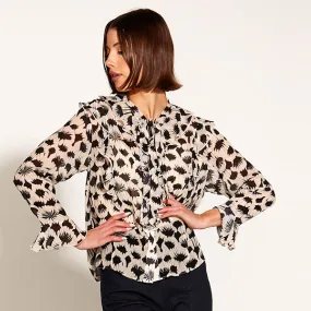 Fancy Like Frill Long Sleeve Blouse - Black   White Fan