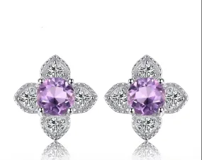 Fine Flower Amethyst Silver Stud Earrings