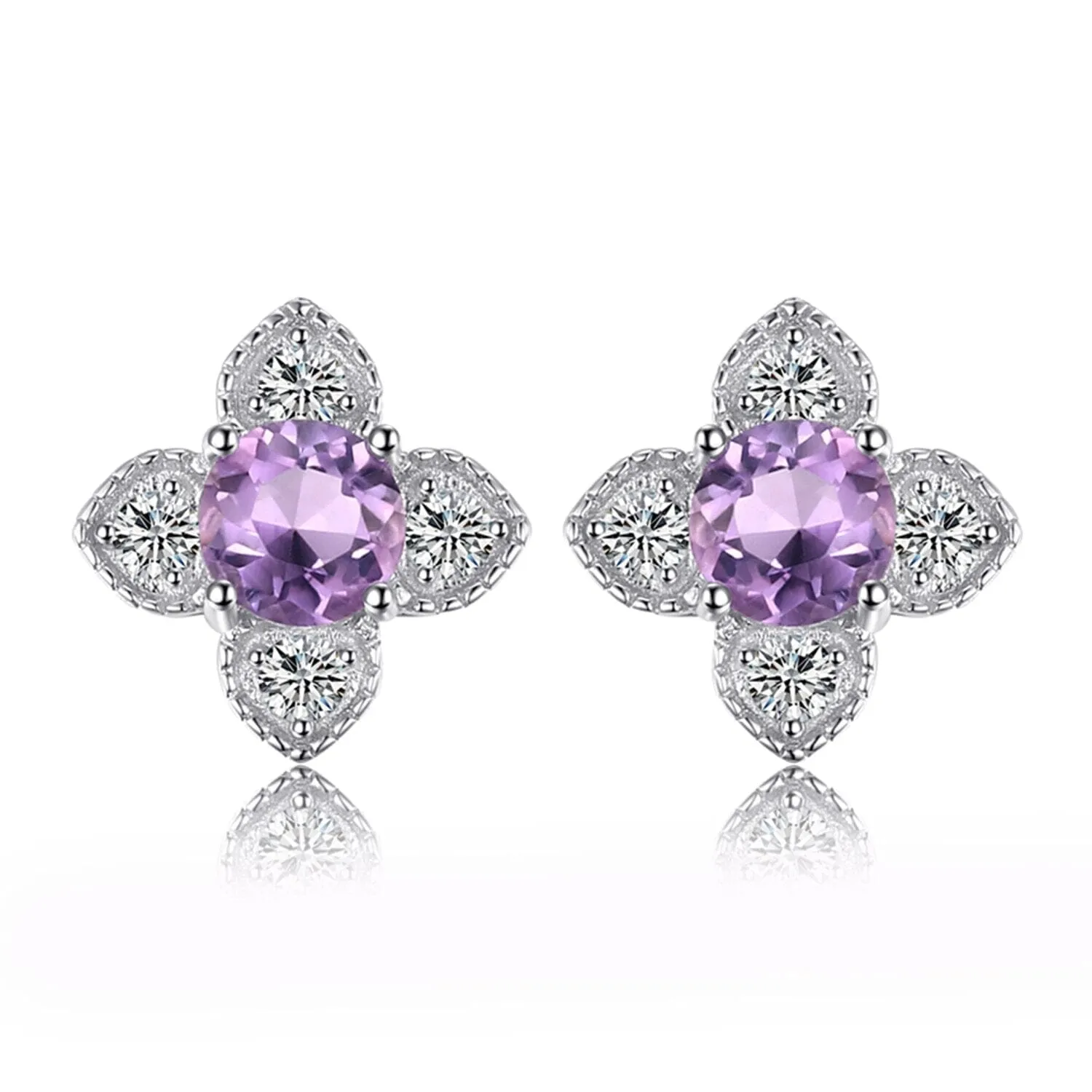 Fine Flower Amethyst Silver Stud Earrings