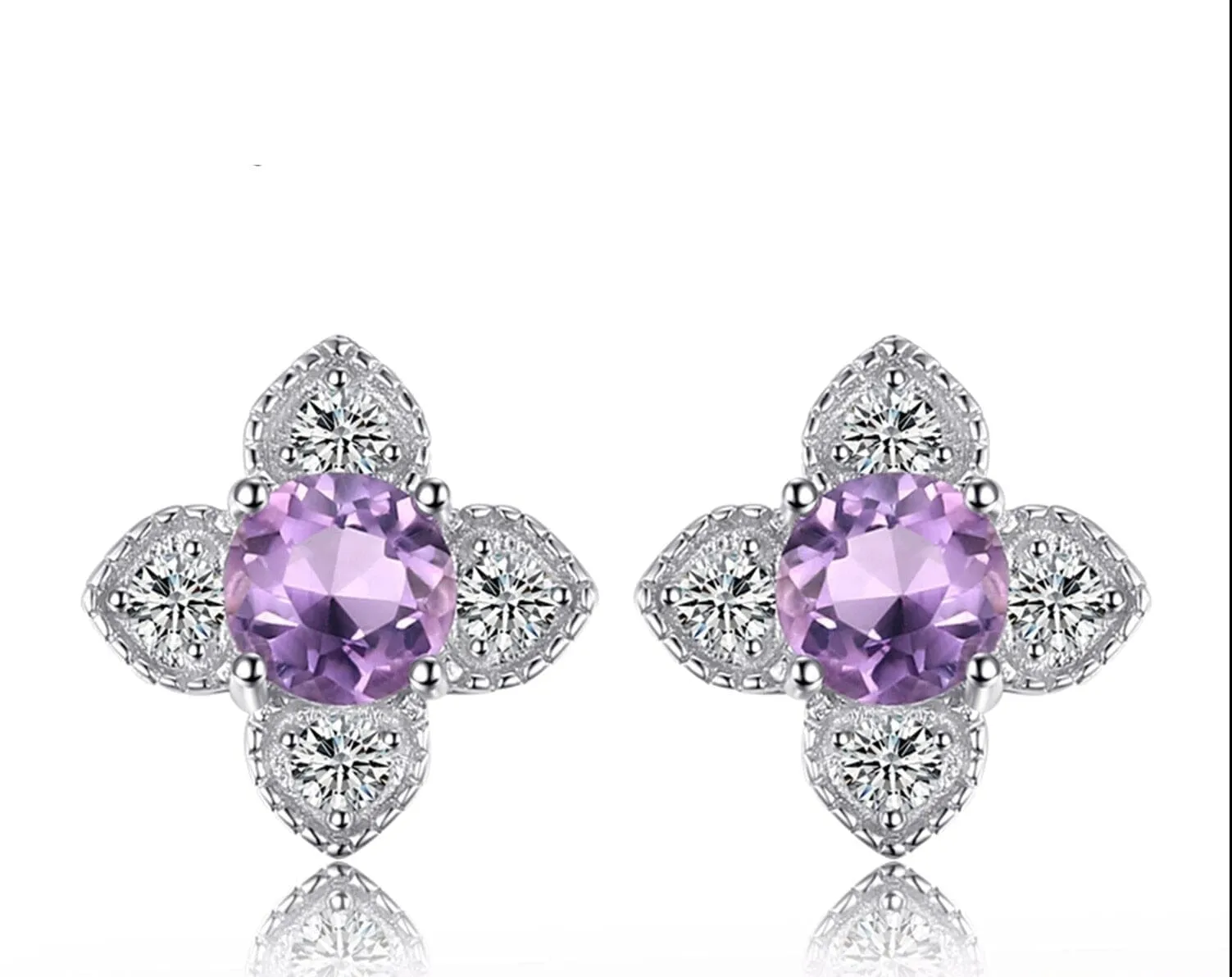 Fine Flower Amethyst Silver Stud Earrings