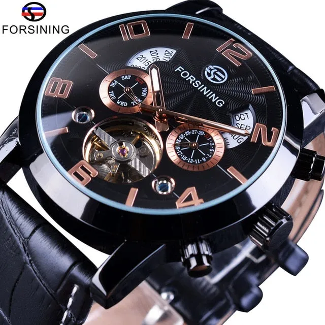 Forsining Tourbillion Fashion Wave Black Golden Clock Multi Function Display Mens Automatic Mechanical Watch