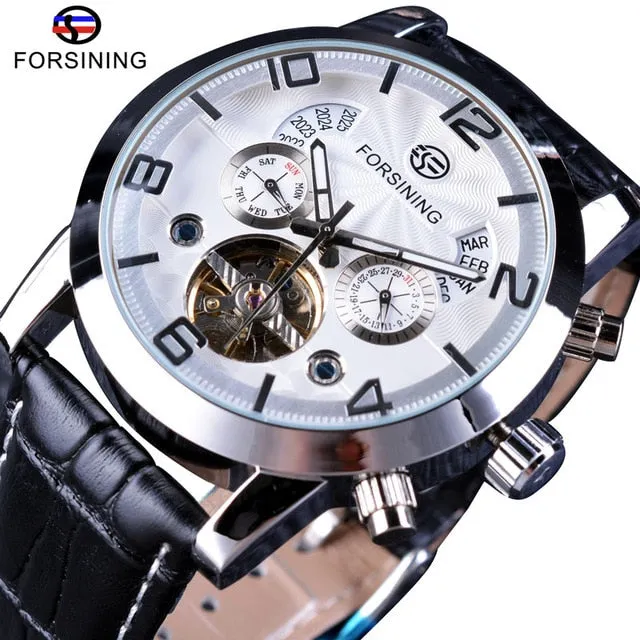 Forsining Tourbillion Fashion Wave Black Golden Clock Multi Function Display Mens Automatic Mechanical Watch