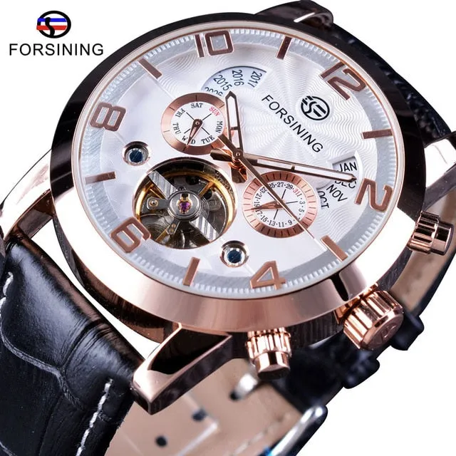 Forsining Tourbillion Fashion Wave Black Golden Clock Multi Function Display Mens Automatic Mechanical Watch