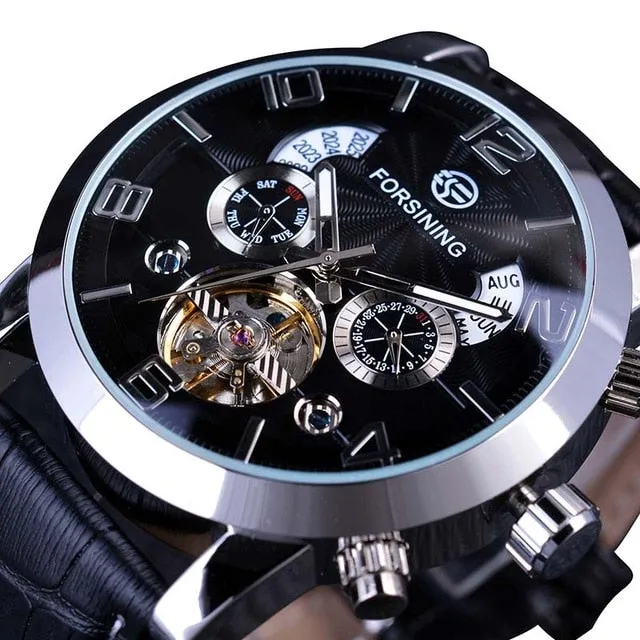 Forsining Tourbillion Fashion Wave Black Golden Clock Multi Function Display Mens Automatic Mechanical Watch