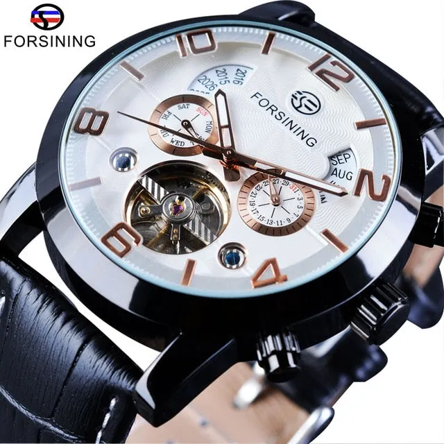 Forsining Tourbillion Fashion Wave Black Golden Clock Multi Function Display Mens Automatic Mechanical Watch