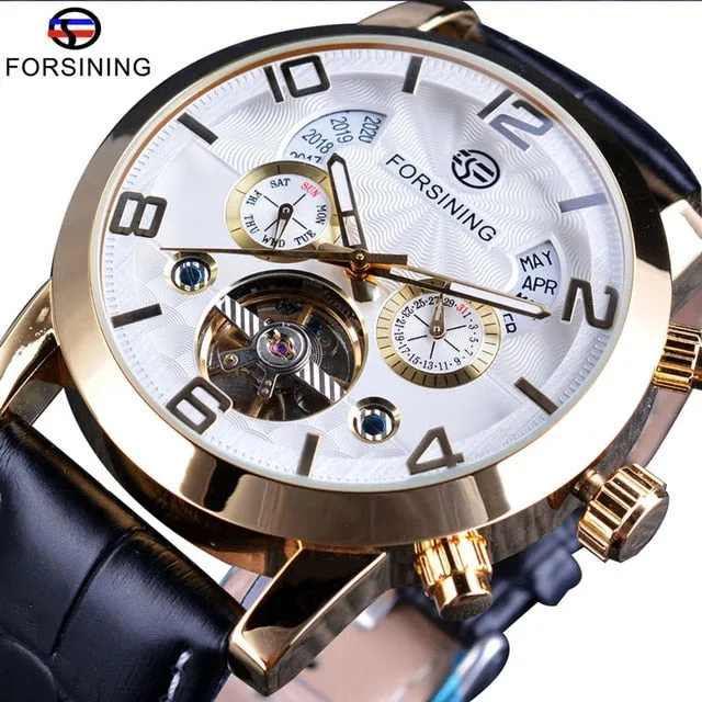 Forsining Tourbillion Fashion Wave Black Golden Clock Multi Function Display Mens Automatic Mechanical Watch