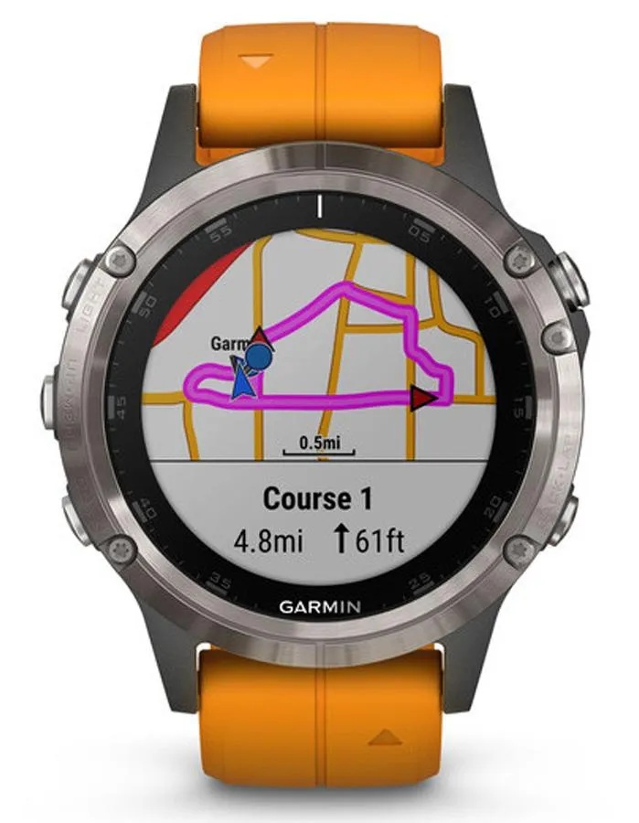 Garmin Fenix 5 Plus Sapphire Multisport Watch - Stainless Steel - Orange Strap