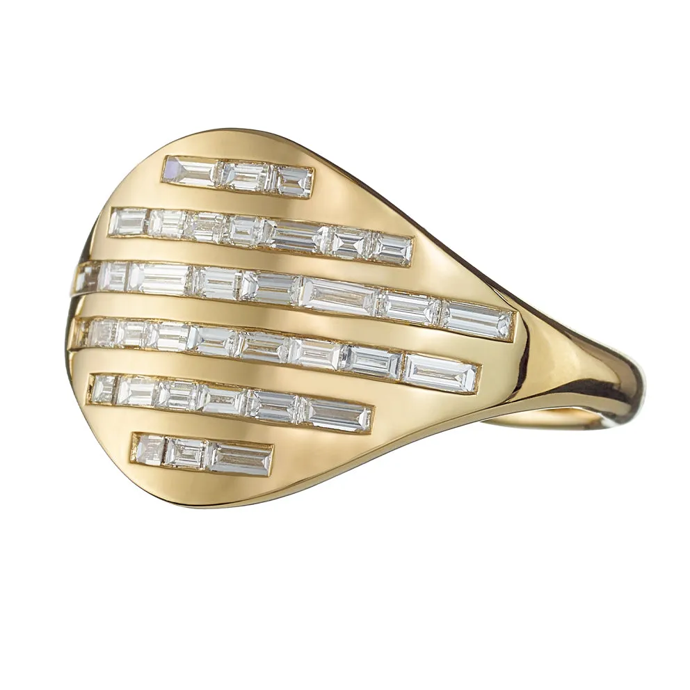 Golden Radio Ring with Baguette Diamond Pave