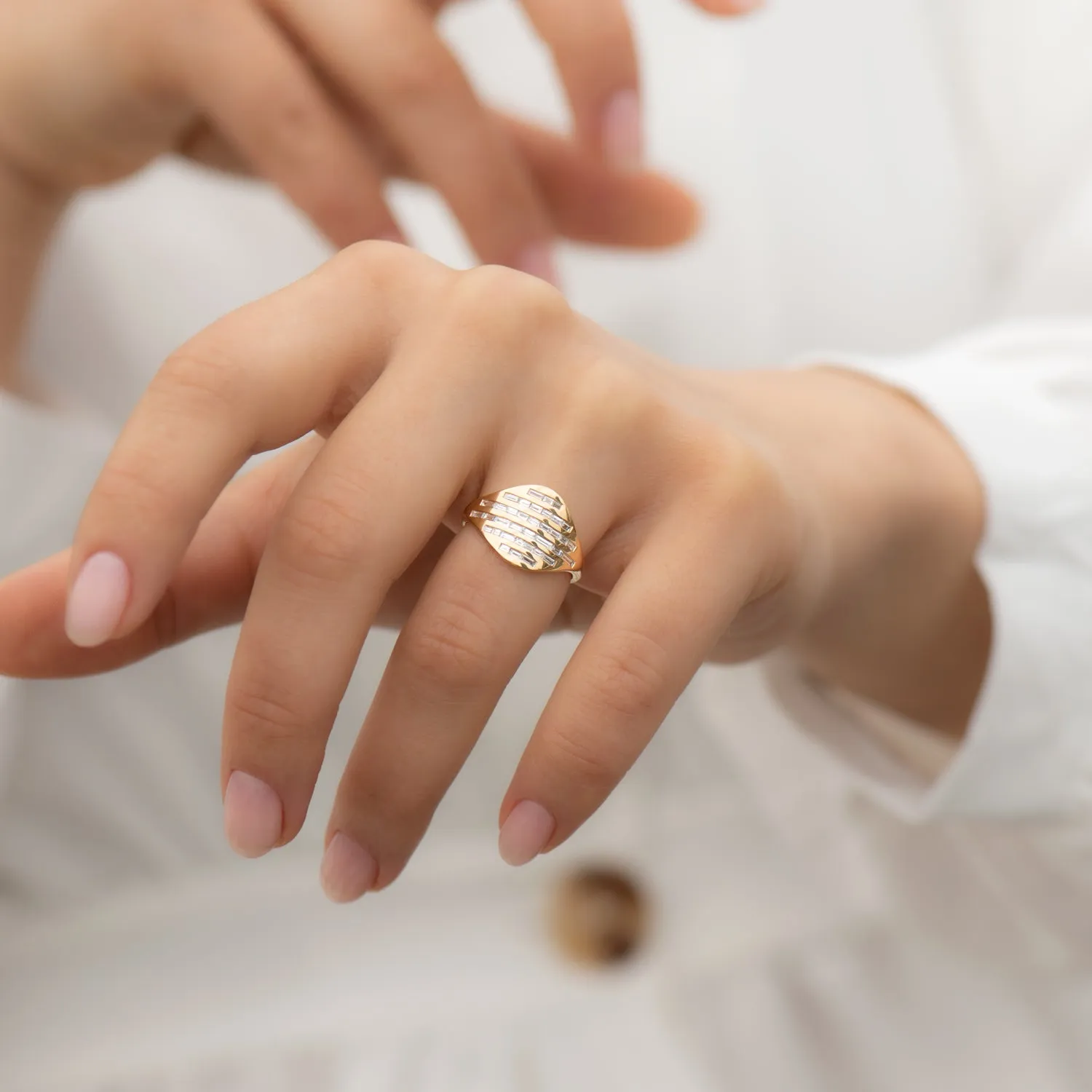 Golden Radio Ring with Baguette Diamond Pave