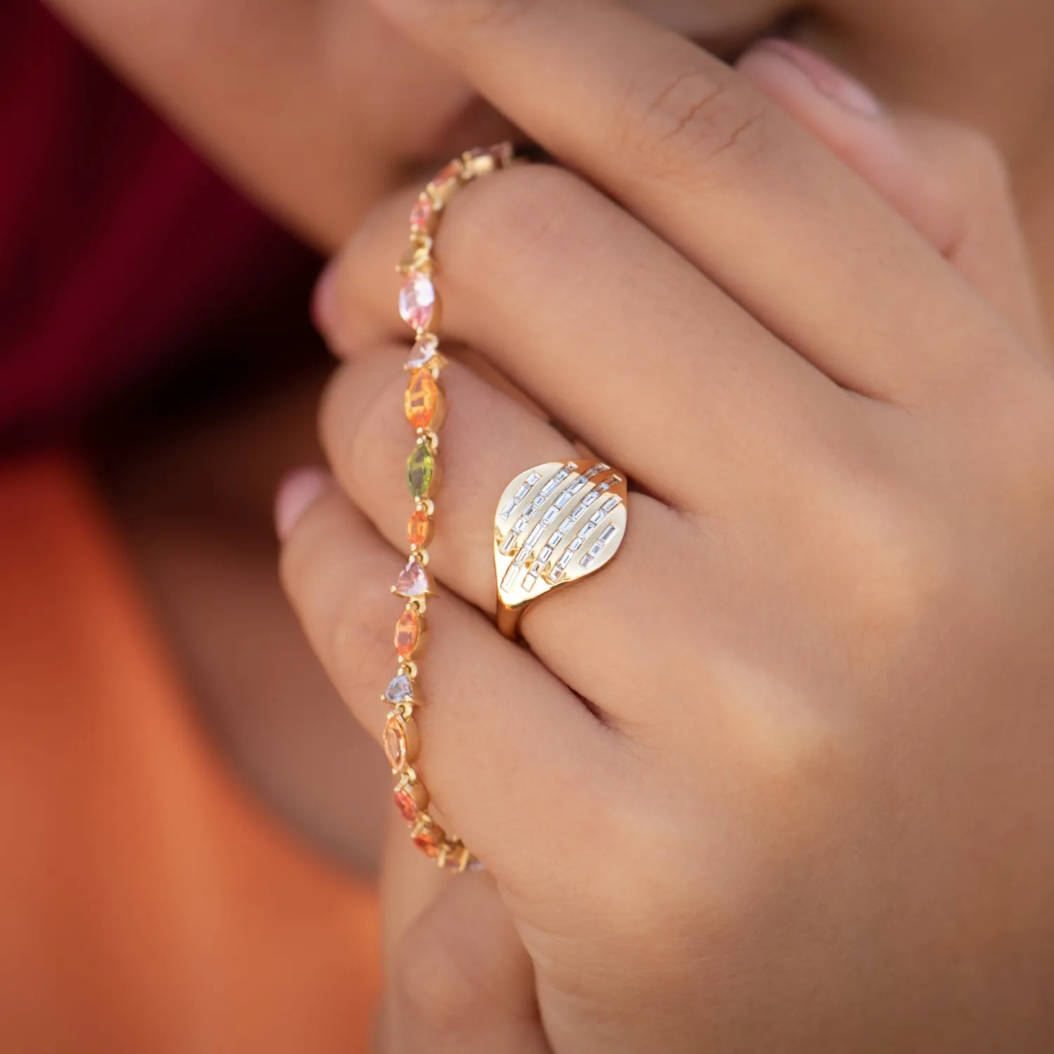 Golden Radio Ring with Baguette Diamond Pave