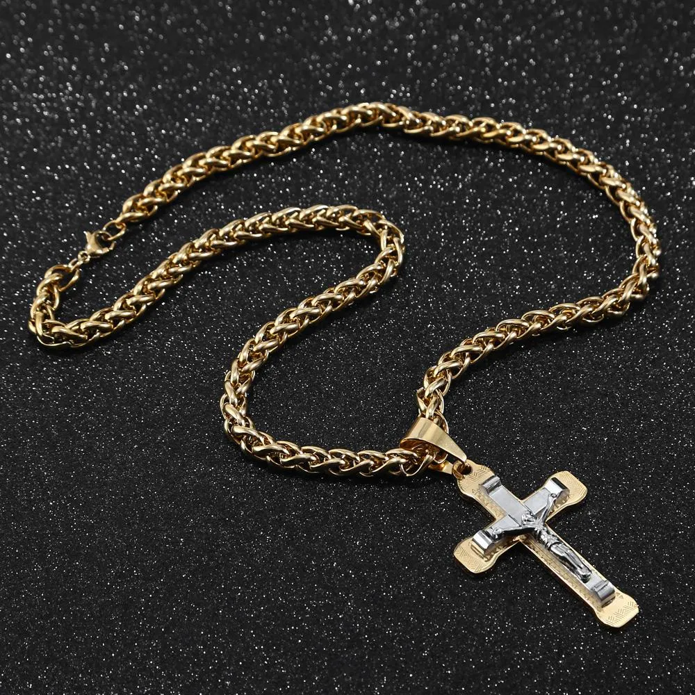 Gold/Silver Tone Stainless Steel Crucifix Pendant Necklace