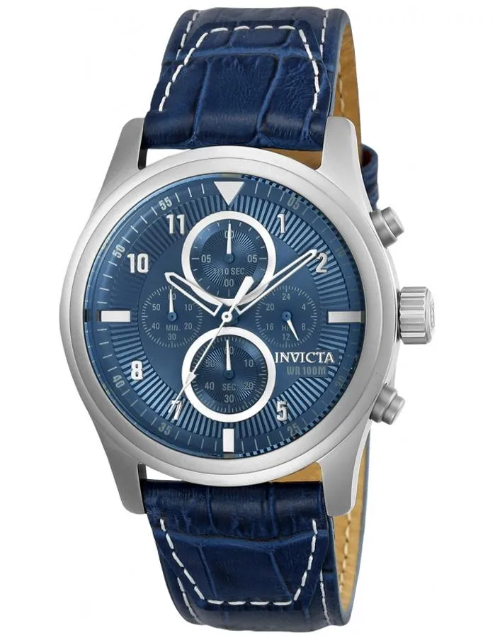 INVICTA Aviator Mens Chronograph - Stainless Steel - Blue Dial & Leather Strap