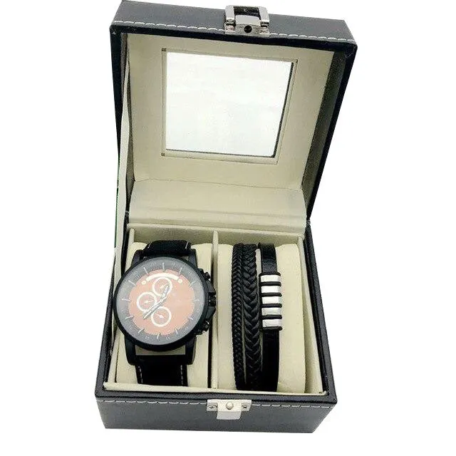 Men High-Quality Large Dial Casual Quartz Watch and Bracelet Gift Box Set