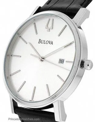 Mens Essential Strap Watch by Bulova - Silver/White Dial - Black Leather - Date