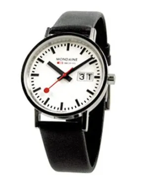 Mondaine Classic Big Date 33mm - Stainless - White Dial - Black Leather Strap