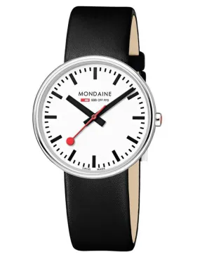 Mondaine Mens Giant Backlight Watch - Stainless Steel - Black Leather Strap